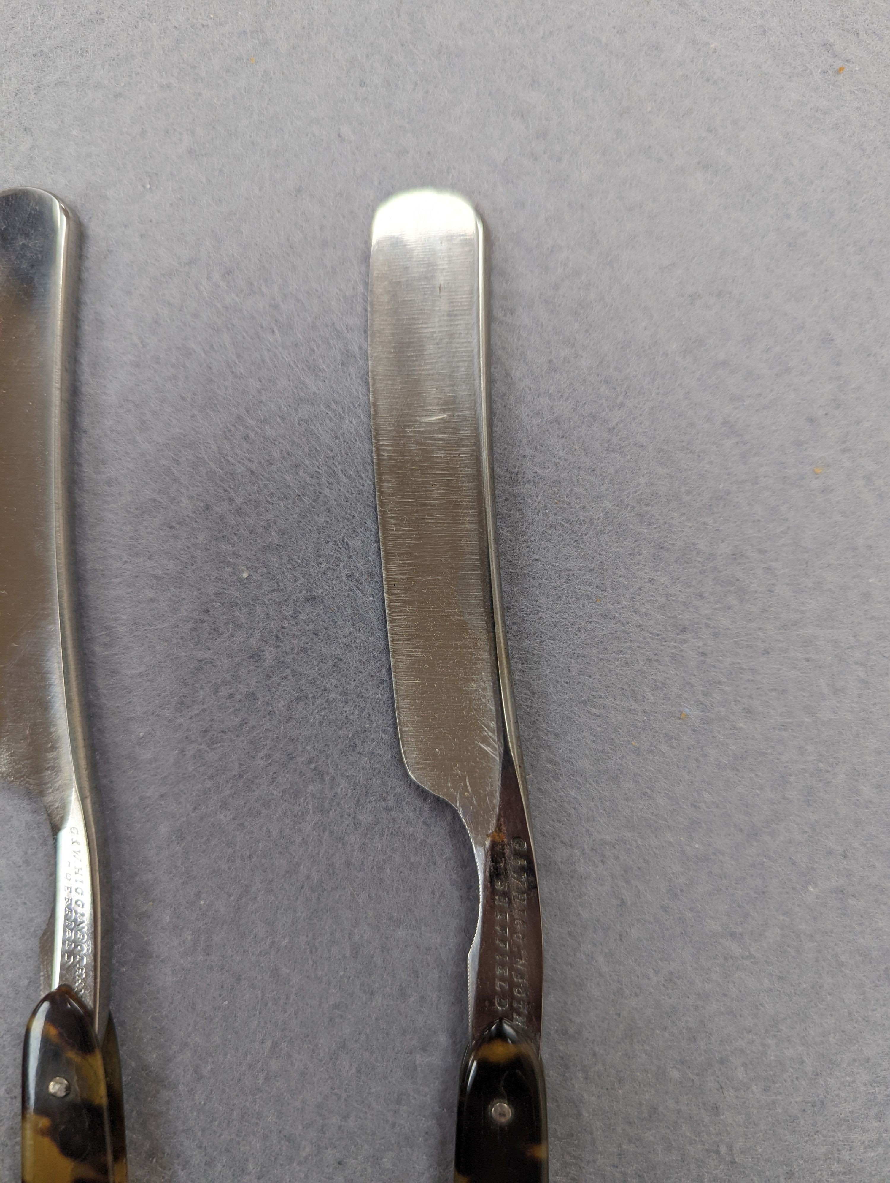 A set of seven tortoiseshell handled cut throat razors for the days of the week Wilkinson and a cased pair of tortoiseshell handled razors, C&W Higginbottom